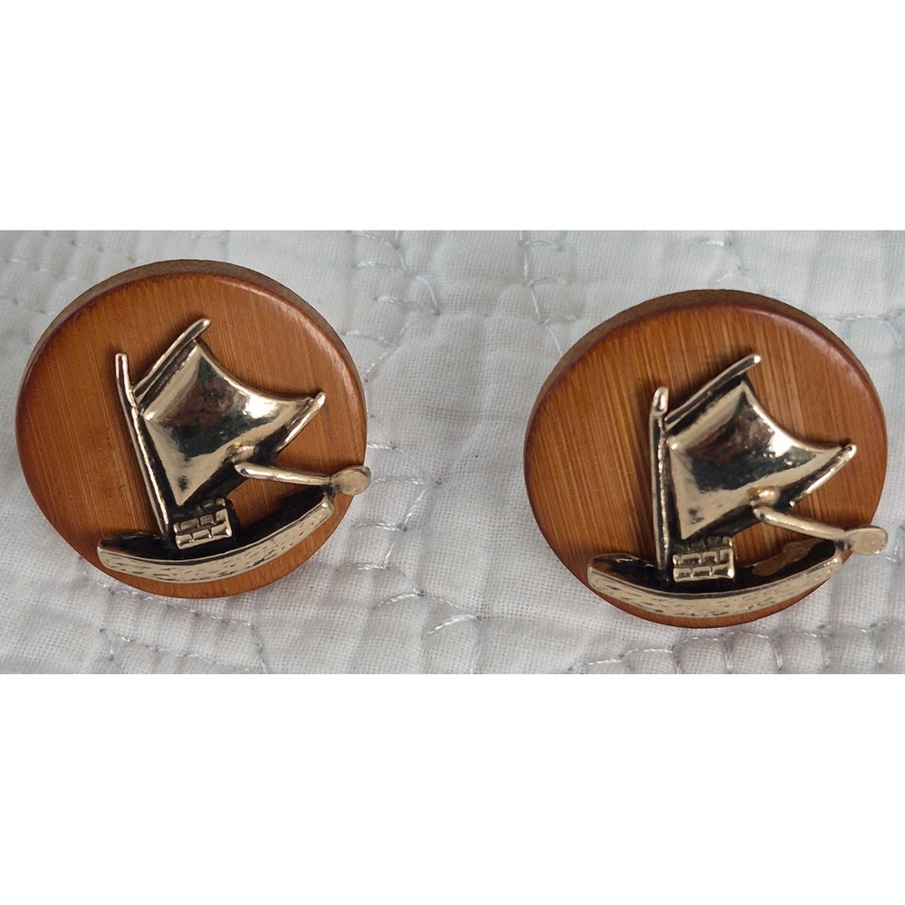Vintage Swank Cufflinks Wood Gold Sailboat Nautical Boat Mid Century Jewelry